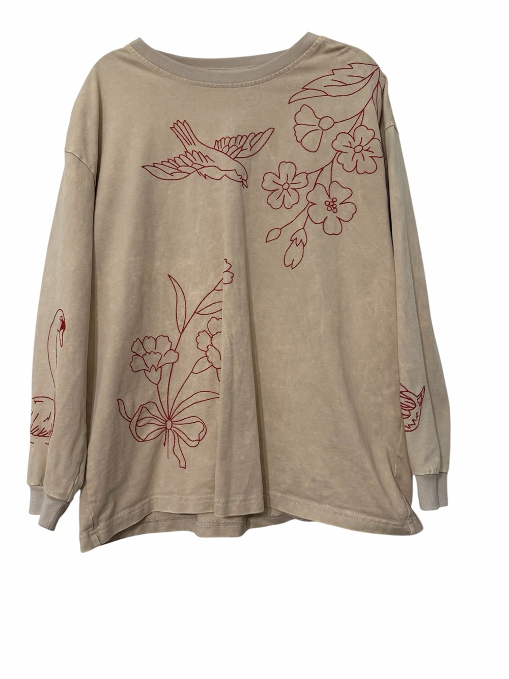 Free People Denim and Bone Swan Doodle Embroidered oversized crafty Medium - Picture 2 of 10